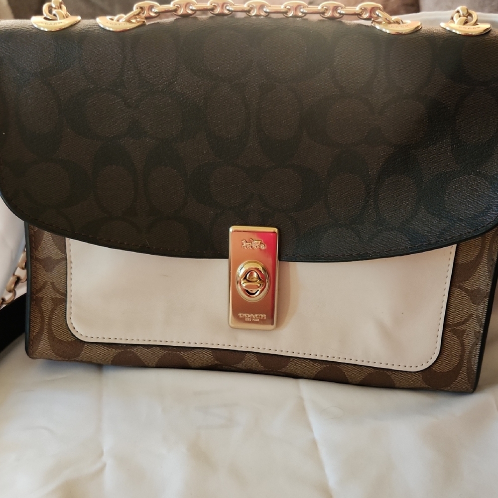 Coach Brown and Cream Shoulder Bag with Gold Details